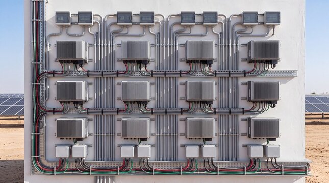 Bank of solar inverters and cable trays on a white plant wall