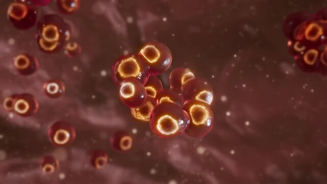 Red microscopic cells converge and fuse together