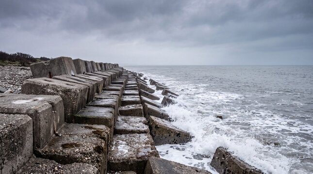 Concrete flood defence blocks stepping down to a grey sea