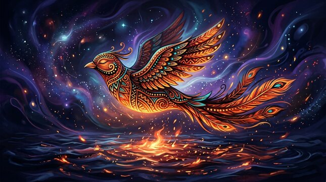 Ave f&eacute;nix brillante con patrones folcl&oacute;ricos hispanos volando sobre agua luminosa, arte conceptual m&iacute;stico y c&oacute;smico.