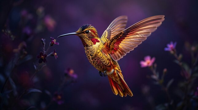 Colibr&iacute; dorado en vuelo entre flores silvestres, ave tropical m&iacute;stica y s&iacute;mbolo de la naturaleza y cultura latinoamericana.