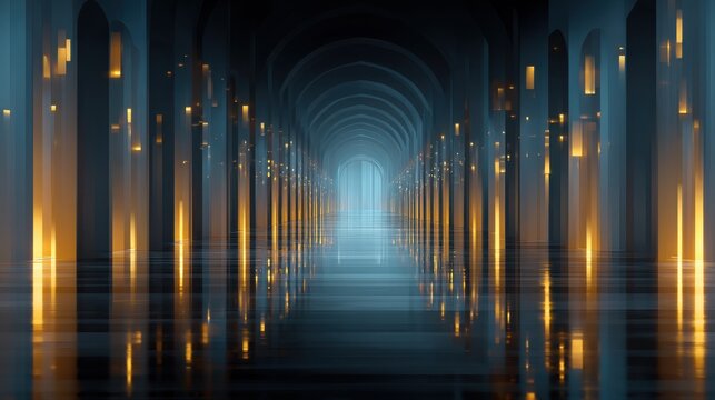 Enchanted Corridor with Glowing Lanterns in a Mystical Architectural Space