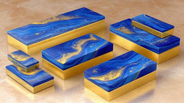 Colorful Blue Marble Boxes with Gold Accents Displayed on a Smooth Surface for Elegant Decor and Storage Solutions
