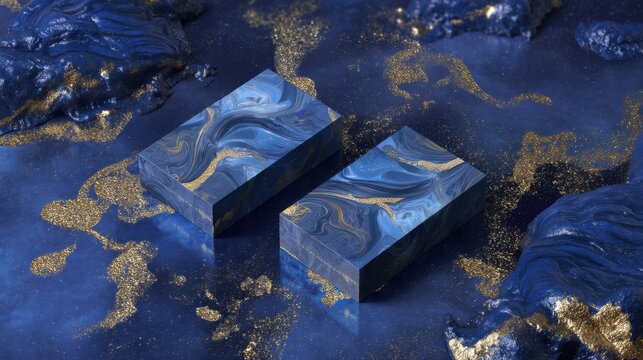 Elegant Blue and Gold Abstract Art with Fluid Patterns and Textured Surface for Creative Backgrounds and Designs