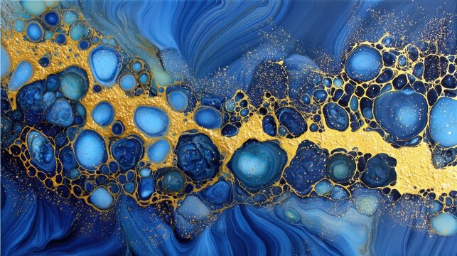 Abstract blue and gold fluid art design with organic shapes and vibrant textures on a smooth canvas background
