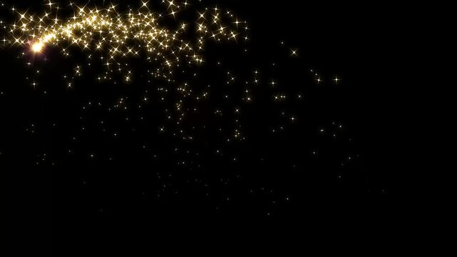 Shining glitter star sparkle animation golden glow fairy dust trail, swiral twinkling doodle star glitter animation on black screen background 4k. loop, gold glittering star tail