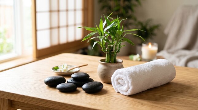 Zen spa stones and bamboo in a calm room