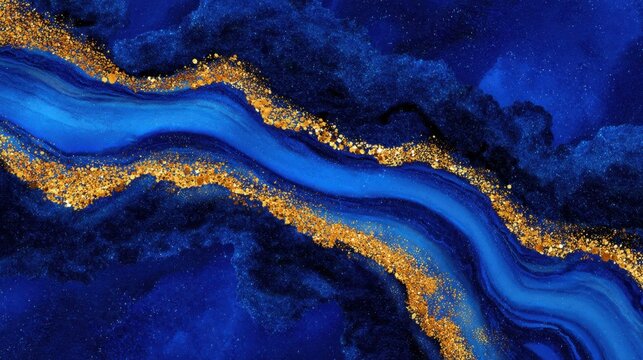 Vibrant Blue and Gold Abstract Art with Fluid Waves and Sparkling Accents in a Deep Ocean-Inspired Background