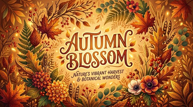 Ilustraci&oacute;n oto&ntilde;al con texto Autumn Blossom, flores silvestres, hojas secas de arce y bayas en tonos dorados c&aacute;lidos de cosecha.