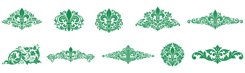Elegant green filigree scrollwork and fleur de lis motifs for ornate decoration. © md