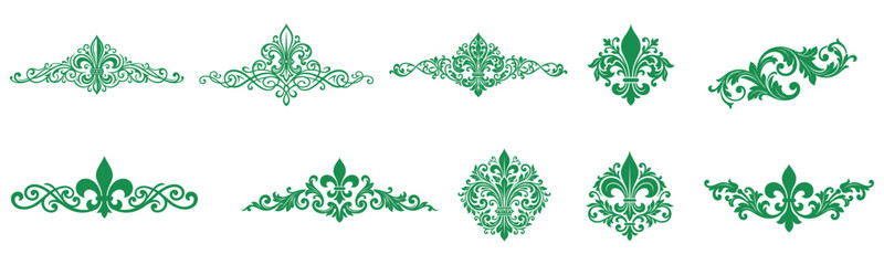 Green fleur de lis ornaments and decorative dividers for luxury floral designs. © md