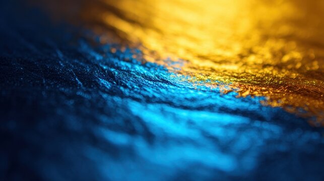 Vibrant Reflection of Blue and Gold Textures with Shimmering Light Effects on a Smooth Surface