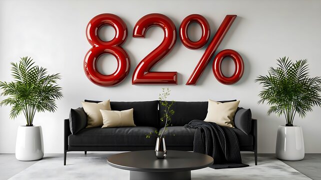 82 percent statistic displayed above a modern living room interior
