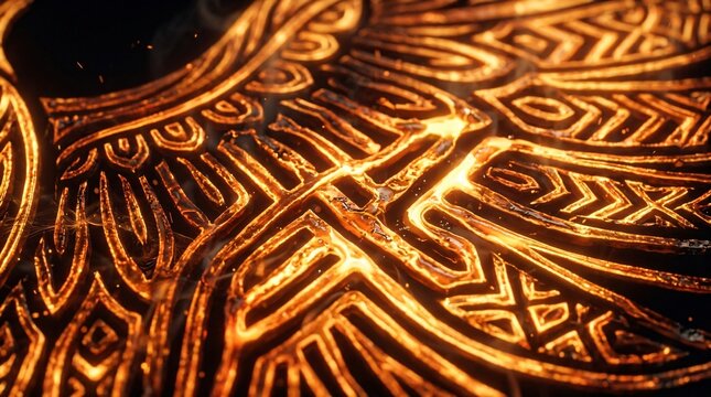 S&iacute;mbolo solar azteca tallado en oro brillante con grabados prehisp&aacute;nicos iluminados para el Mes de la Herencia Hispana y cultura maya.