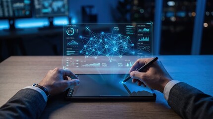 Fototapeta premium Business analyst using digital tablet with stylus pen, analyzing complex data visualization and network graphs, futuristic holographic dashboard interface, big data analytics