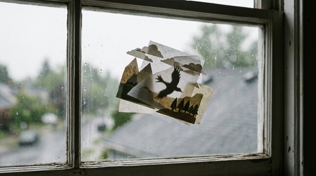 Silueta de p&aacute;jaro y monta&ntilde;as en arte de papel por capas adherido a una ventana lluviosa, concepto de creatividad y nostalgia en d&iacute;a nublado.