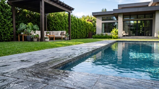 Backyard swimming pool with blue water and stone patio edge next to a wooden pergola and a house with large glass windows and green hedge landscaping