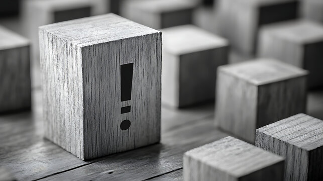 Monochrome grayscale concept of a wooden block with an exclamation mark among wooden cubes