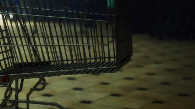 A shopping cart stands alone in a store aisle. The store has dim lighting and some products on shelves in the background. It is evening and the store is not crowded.