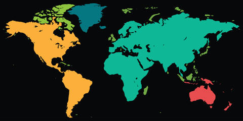World map divided into colorful continents for educational geography presentations. © md