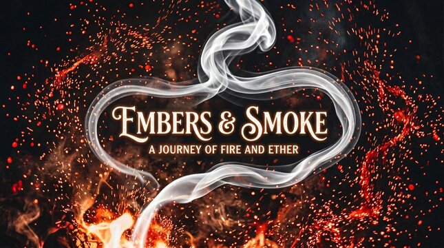 Humo blanco et&eacute;reo y chispas de fuego brillante sobre fondo negro con tipograf&iacute;a elegante, dise&ntilde;o m&iacute;stico y abstracto de brasas ardientes.