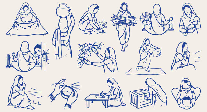 Indian village women seamless pattern, rural daily life chores doodle, carrying water pot sketch texture, hand drawn harvesting crops vector, line art traditional saree wallpaper, authentic Indian agr