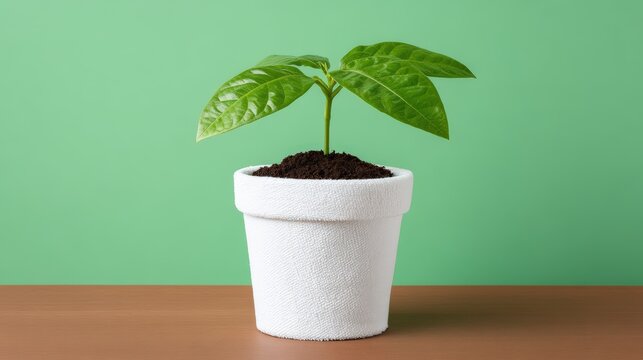 Small green plant growing in a white ceramic pot on a table