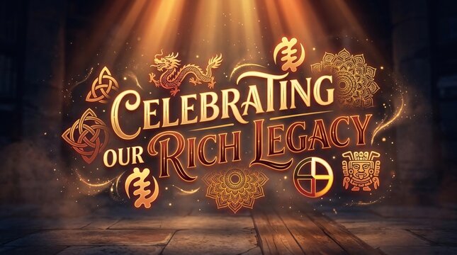 Texto dorado celebrando nuestro legado cultural con s&iacute;mbolos ancestrales iluminados para el Mes de la Herencia y diversidad.