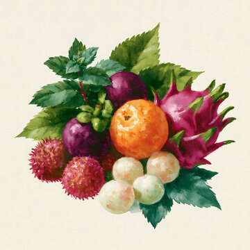 Explore the Bounty of Fresh Fruits: A Delightful Watercolor Composition Celebrating the Vibrant Colors and Textures of Nature's Edible Treasures