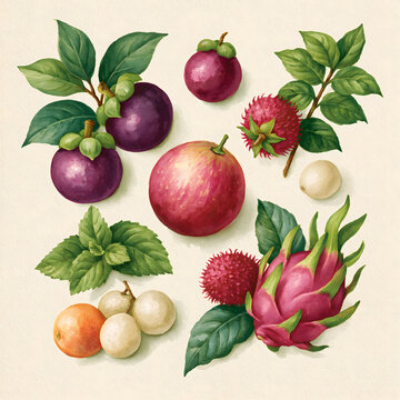 A Beautiful Collection of Exotic Fruits and Greenery: Discover the Vibrant Colors and Rich Textures of Nature&rsquo;s Edible Treasures Perfect for Culinary Inspiration.
