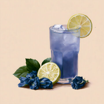 Delightful Blue Lemonade: A Refreshing Summer Beverage with Floral Notes and Zesty Lemon Garnish for Your Perfect Relaxation Moments
