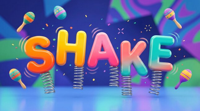 Palabra SHAKE en 3D vibrando sobre resortes con maracas festivas, celebraci&oacute;n del Mes de la Herencia Hispana, fiesta latina y ritmo musical.
