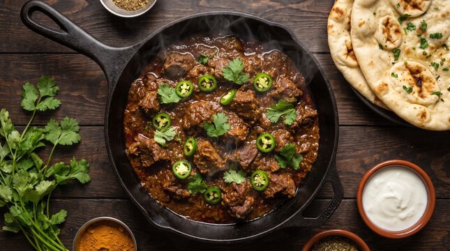 Delicious Spicy Beef or Mutton Meat Curry Prepared in Skillet Pan