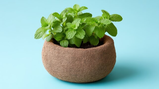 Fresh mint plant growing in a sustainable burlap pot on light blue background