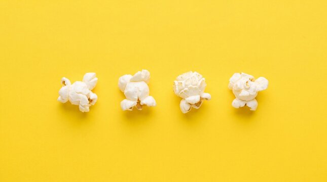 Four pieces of popcorn arranged in a row on a bright yellow background.