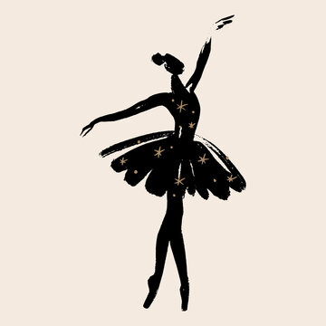 Fashion sketch girl ballet dancer silhouette with stars black brush stroke vector illustration