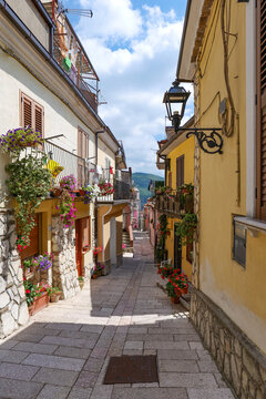 A narrow street among the old houses of San Gregorio Matese, a village in Campania, Italy.
