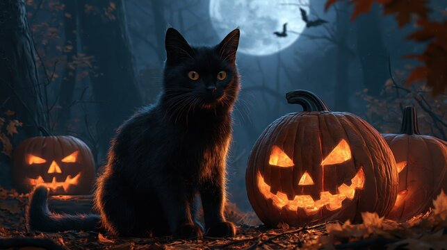 Black cat sits with carved pumpkins during a full moon night in a spooky forest setting
