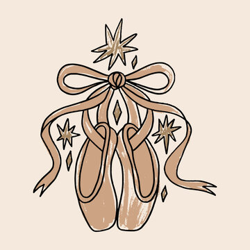 Cute ballet pointe pink shoes with ribbon bow star sparkles vector illustration girl dancer coquettecore and balletcore accessories hand drawn boho doodle art. Vector illustration
