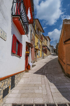 A narrow street among the old houses of San Gregorio Matese, a village in Campania, Italy.