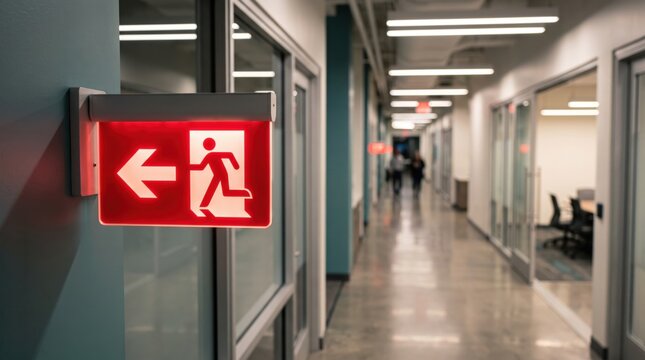 Bright red illuminated exit sign with white running man pictogram and directional arrow mounted on a teal wall in a long office hallway with glass partitions and linear ceiling lights