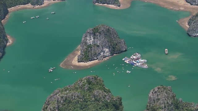 Aerial view of the natural scenery of the karst peaks and forests in Ha Long Bay, Vietnam