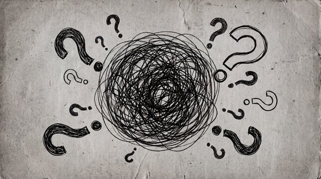Abstract illustration of a tangled mess surrounded by question marks on a textured background.