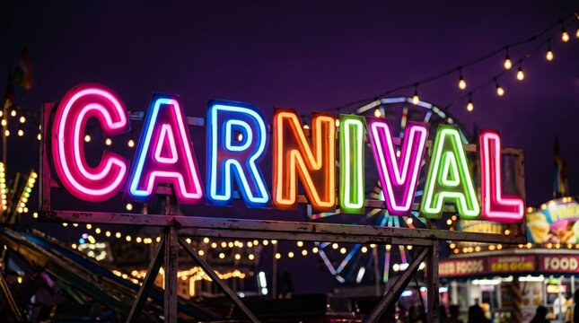 Letrero de ne&oacute;n multicolor de carnaval en feria nocturna, parque de atracciones iluminado y ambiente festivo de celebraci&oacute;n.
