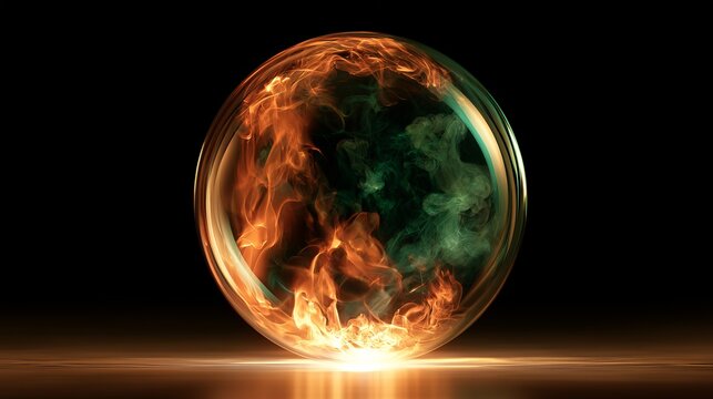 Glowing orb containing swirling flames and lush foliage, symbolizes potential, growth, and the duality of destructive and regenerative forces concept for innovation