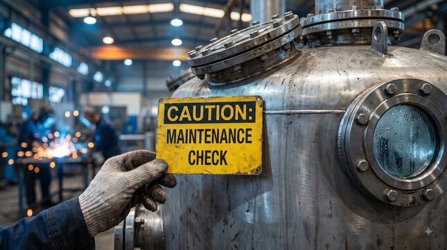 Industrial pressure vessel with maintenance check warning sign in manufacturing factory workshop area.