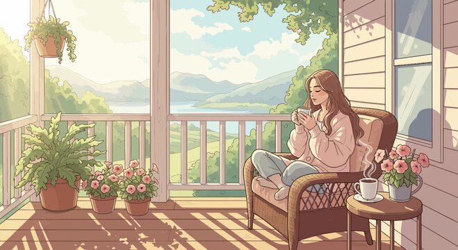 A serene woman enjoys a peaceful morning coffee on a cozy porch overlooking a tranquil lake and lush green mountains.