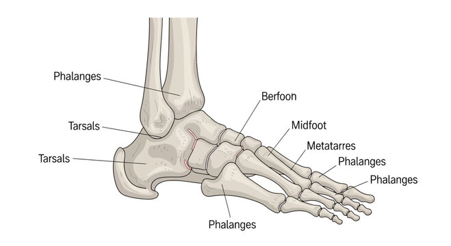 Detailed anatomical illustration of the human foot skeleton, showing tarsals, metatarsals, and phalanges with labels.