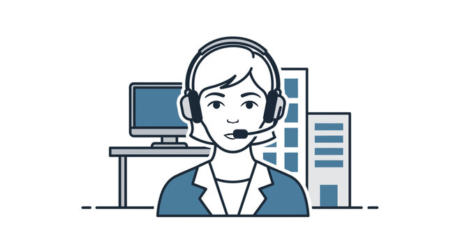 Illustration of a customer service representative with a headset at a desk, with office buildings in the background, depicting professional support.