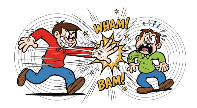 A cartoon illustration of one man aggressively slapping another man, with sound effects and motion lines.
